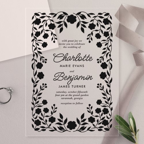 Black Ornate Floral Border Wedding Acrylic Invitations