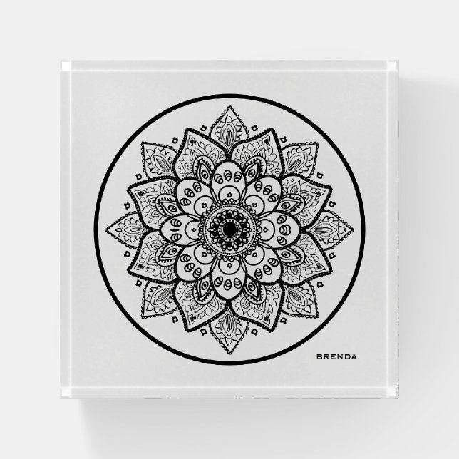 Black ornate floral circle mandala paperweight (Front)