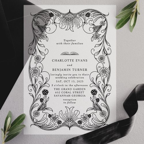 Custom Wedding 7 Black Ornate Floral Vintage Frame Wedding Vellum Invitations
