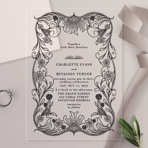Wedding Invitations 7 Black Ornate Floral Vintage Wedding Acrylic Invitations