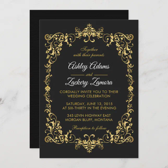 Black Ornate Gold Scroll Border Wedding Invitation | Zazzle