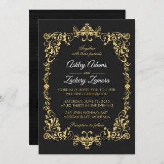 Black Ornate Gold Scroll Border Wedding Invitation
