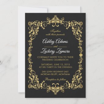 Black Ornate Gold Scroll Border Wedding Invitation | Zazzle