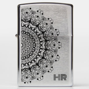 Black ornate mandal circle design monogram zippo lighter