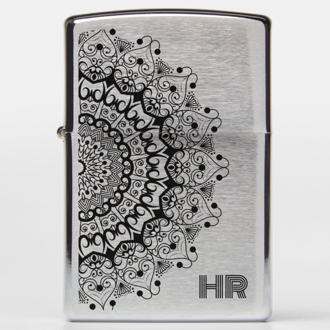 Black ornate mandal circle design monogram zippo lighter (Front)
