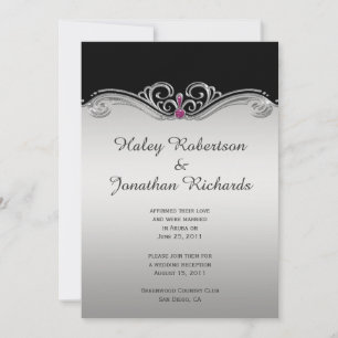 Black Ornate Silver Swirls Pink Gem Reception Only Invitation