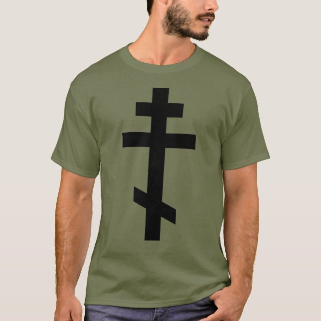 Black Orthodox Cross. Olive Drab T-Shirt (Front)