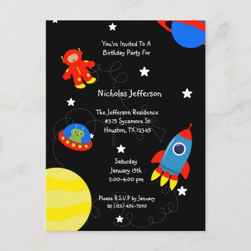 Black Outer Space UFO Birthday Invitation Postcard