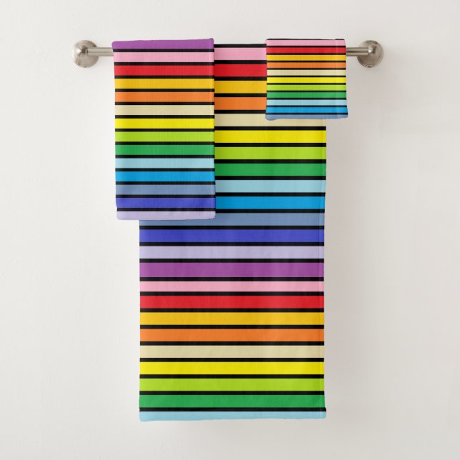 Black Outlined Broader Spectrum Rainbow Stripes Bath Towel Set (Insitu)