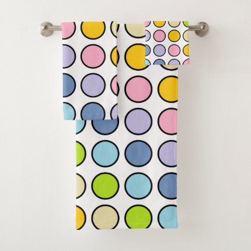 Black Outlined Pastel Rainbow Polka Dots Bath Towel Set