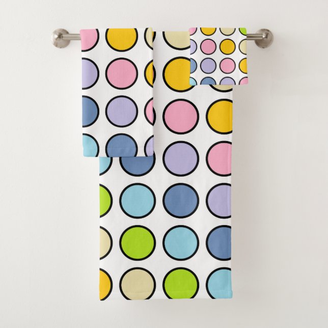 Black Outlined Pastel Rainbow Polka Dots Bath Towel Set (Insitu)