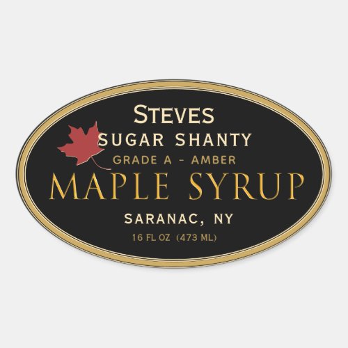 Black Oval Maple Syrup Label with Red Leaf