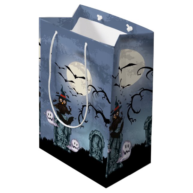 Black Owl Bats And Ghosts Halloween Illustration Medium Gift Bag (Back Angled)
