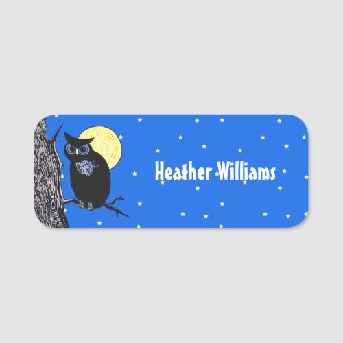 Black Owl Blue Eyes in Tree Moon Stars Blue Name Tag