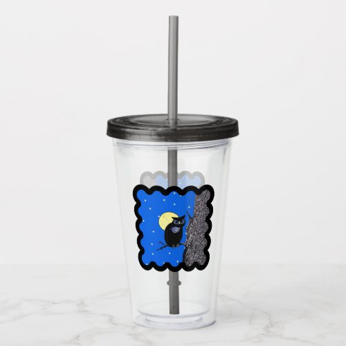 Black Owl Blue eyes in Tree Moon Stars in Border Acrylic Tumbler