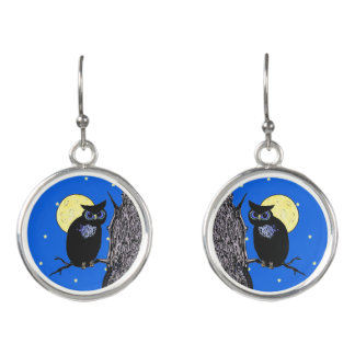 Black Owl Blue Eyes in Tree Yellow Moon Stars Earrings