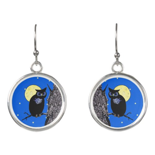 Black Owl Blue Eyes in Tree Yellow Moon Stars Earrings