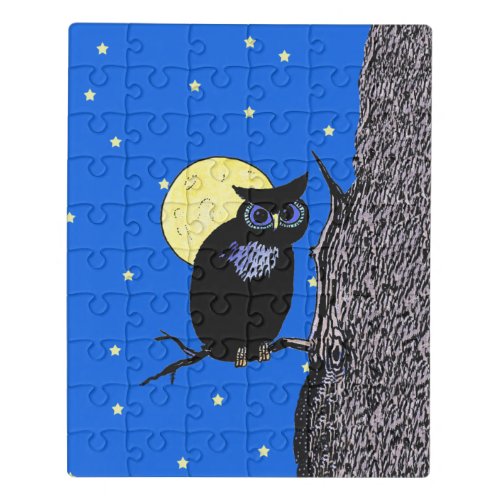 Black Owl Blue eyes in Tree Yellow Moon Stars Jigsaw Puzzle