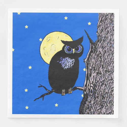 Black Owl Blue eyes in Tree Yellow Moon Stars Paper Dinner Napkins