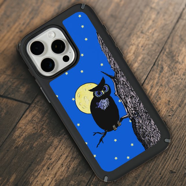 Black Owl blue Eyes Tree Yellow Moon Stars Speck iPhone Case (black night owl in tree, moon and stars  phone case.)