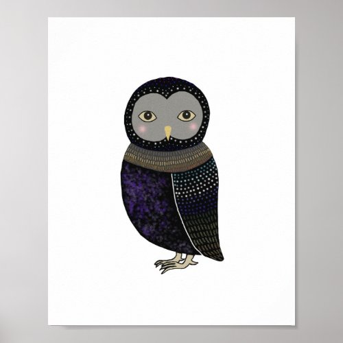Black Owl Blue Feather Poster by MiKa Art