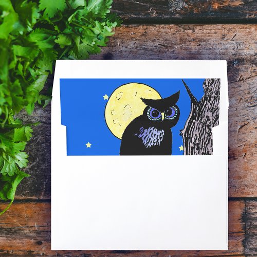 Black Owl in Tree Full Moon Stars Blue Envelope Liner