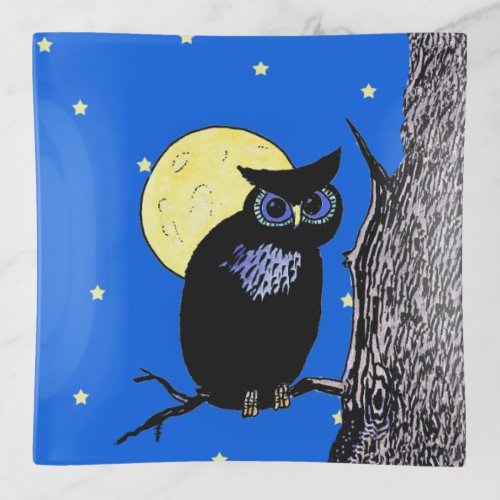 Black Owl in Tree in Night Sky Full Moon Stars Trinket Tray
