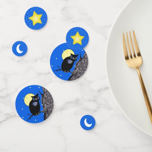 Black Owl in Tree Yellow Stars Moon Blue Confetti