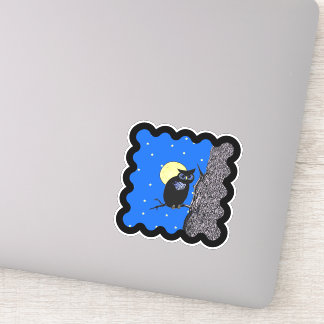 Black Owl Moon Stars Sitting in Tree Wavy Border Sticker