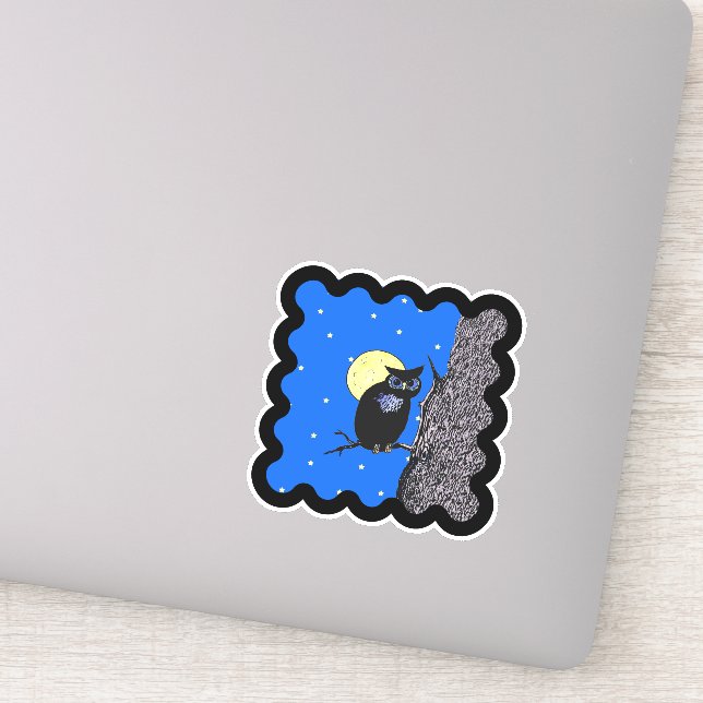 Black Owl Moon Stars Sitting in Tree Wavy Border Sticker (Detail)