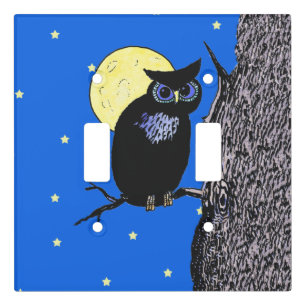 Black Owl on Tree Branch Yellow Moon Stars Light Switch Cover