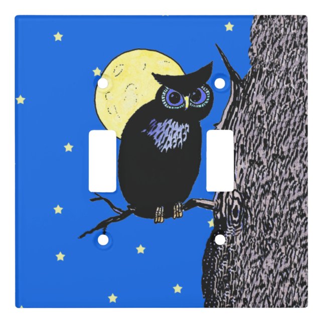 Black Owl on Tree Branch Yellow Moon Stars Light Switch Cover (Front)