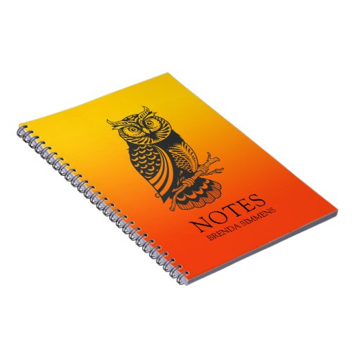 Black Owl on yellow and orange ombre background Notebook