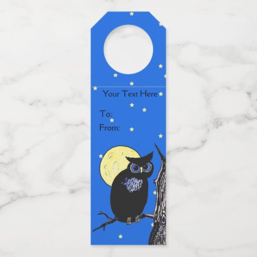 Black Owl Tree Branch Yellow Moon Stars Blue Sky Bottle Hanger Tag
