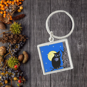 Black Owl Tree Moon Stars Keychain