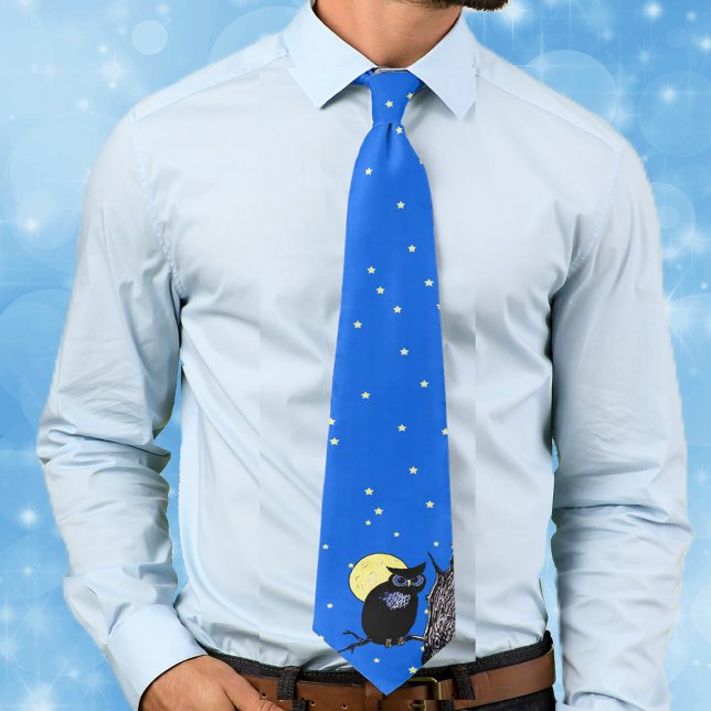 Black Owl Tree Moon Stars Tie (Black owl on tree branch in night blue sky with yellow moon and stars on neck tie.)