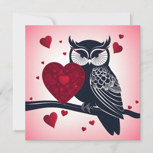 Black Owl with Red Hearts Valentine Holiday Card