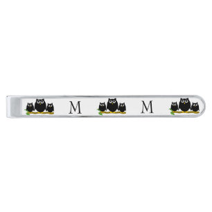 Black Owls Design Monogrammed Silver Finish Tie Bar