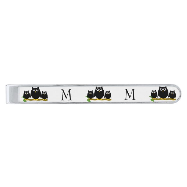 Black Owls Design Monogrammed Silver Finish Tie Bar (Front)