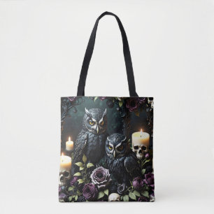 Black Owls Skull and Candles Tote Bag