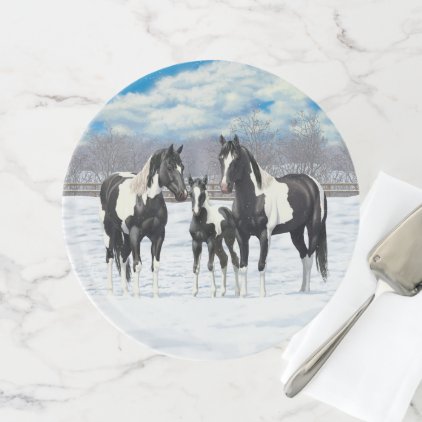 Black Paint Horses In Snow Cake Stand