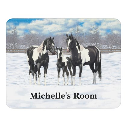 Black Paint Horses In Snow Door Sign