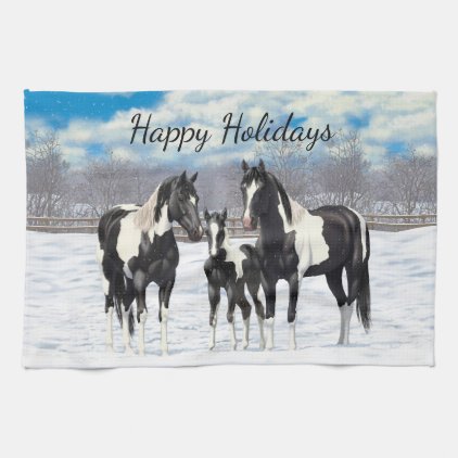 Black Paint Horses In Snow Hand Towel