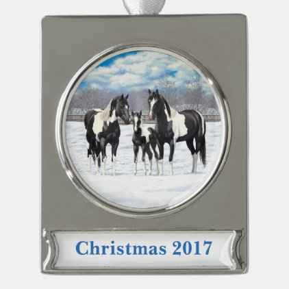Black Paint Horses In Snow Silver Plated Banner Ornament