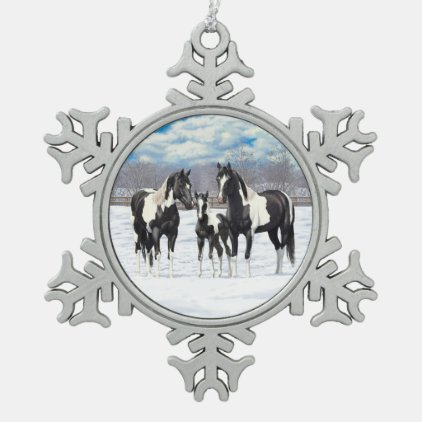 Black Paint Horses In Snow Snowflake Pewter Christmas Ornament