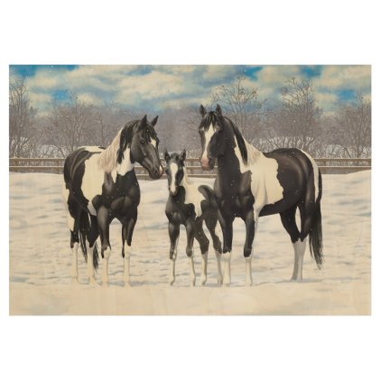 Black Paint Horses In Snow Wood Poster