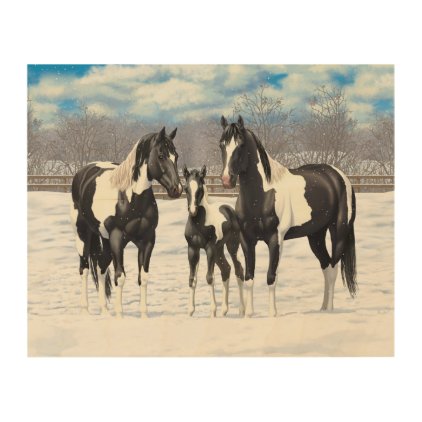 Black Paint Horses In Snow Wood Wall Art