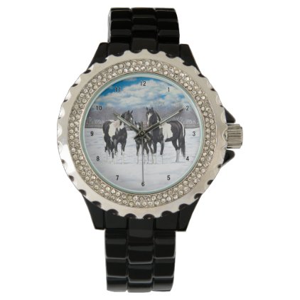 Black Paint Horses In Snow Wristwatch