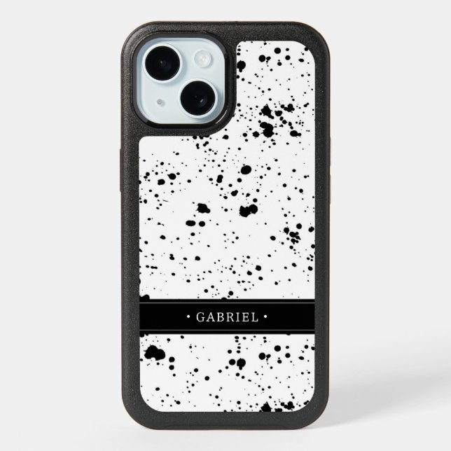 Black Paint Splatter Pattern | Add Your Name iPhone 15 Case (Back)