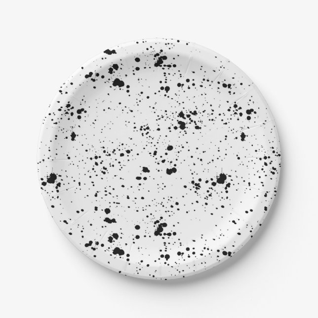 Black Paint Splatter Pattern Paper Plates (Front)